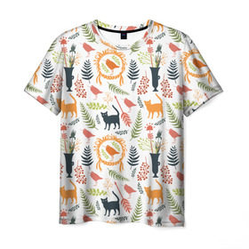 Мужская футболка 3D с принтом О кошках и птичках в Белгороде, 100% полиэфир | прямой крой, круглый вырез горловины, длина до линии бедер | ваза | кот | кошка | листочки | паттерн | птица | птичка | узор | ягоды