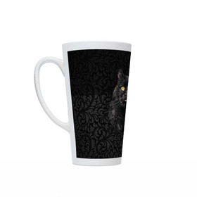 Кружка Латте с принтом Чёрный котик в Белгороде, Белая керамика | Объем 480 мл; Высота 150 мм; Диаметр 90 мм | Тематика изображения на принте: кошка | чёрная