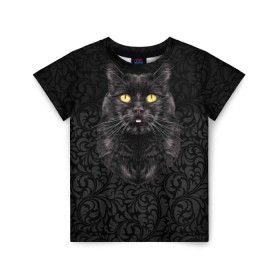 Детская футболка 3D с принтом Чёрный котик в Белгороде, 100% гипоаллергенный полиэфир | прямой крой, круглый вырез горловины, длина до линии бедер, чуть спущенное плечо, ткань немного тянется | Тематика изображения на принте: кошка | чёрная