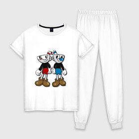 Женская пижама хлопок с принтом Cuphead Mugman в Белгороде, 100% хлопок | брюки и футболка прямого кроя, без карманов, на брюках мягкая резинка на поясе и по низу штанин | капхед | капхэд | магмен | магмэн | мугмен