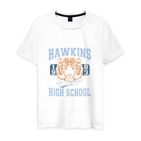Мужская футболка хлопок с принтом Stranger Things Hawkins в Белгороде, 100% хлопок | прямой крой, круглый вырез горловины, длина до линии бедер, слегка спущенное плечо. | hawkins | stranger things | очень странные дела