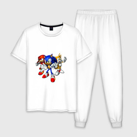 Мужская пижама хлопок с принтом Sonic, Tails & Knuckles в Белгороде, 100% хлопок | брюки и футболка прямого кроя, без карманов, на брюках мягкая резинка на поясе и по низу штанин
 | наклз | наклс | соник | тейлз | тейлс