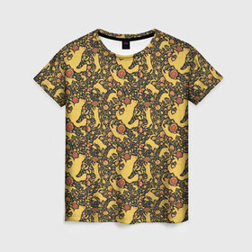 Женская футболка 3D с принтом Кошки хохлома в Белгороде, 100% полиэфир ( синтетическое хлопкоподобное полотно) | прямой крой, круглый вырез горловины, длина до линии бедер | орнамент | паттерн | цветы