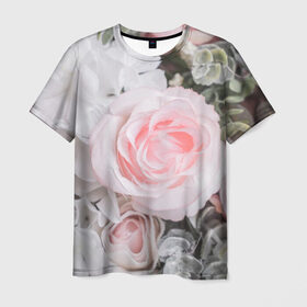 Мужская футболка 3D с принтом розы в Белгороде, 100% полиэфир | прямой крой, круглый вырез горловины, длина до линии бедер | букет | винтаж | зелень | листья | розовые розы | романтика | цветы