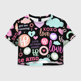 Женская футболка 3D укороченная с принтом Любовь на разных языках в Белгороде, 100% полиэстер | круглая горловина, длина футболки до линии талии, рукава с отворотами | 14 | love | валентин | губы | день | любовь | подарок | поцелуй | сердце | страсть | февраль