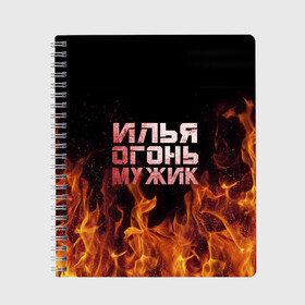 Тетрадь с принтом Илья огонь мужик в Белгороде, 100% бумага | 48 листов, плотность листов — 60 г/м2, плотность картонной обложки — 250 г/м2. Листы скреплены сбоку удобной пружинной спиралью. Уголки страниц и обложки скругленные. Цвет линий — светло-серый
 | Тематика изображения на принте: в костре | в огне | девушка | женское | ильюха | ильюша | ильюшка | илья | имя | костер | муж | мужик | мужчина | надпись | огонь | парень | пламени | пламя | пожар | пожарище | слова | стальная | языки