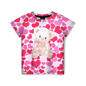 Детская футболка 3D с принтом Белый Мишка в Белгороде, 100% гипоаллергенный полиэфир | прямой крой, круглый вырез горловины, длина до линии бедер, чуть спущенное плечо, ткань немного тянется | 14 февраля | bear | love | teddy | абстракция | арт | девушкам | день всех влюбленных | день святого валентина | животные | медведь | милые | мишка | сердечки | тедди