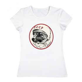 Женская футболка хлопок с принтом Лайка СССР в Белгороде, 100% хлопок | прямой крой, круглый вырез горловины, длина до линии бедер, слегка спущенное плечо | Тематика изображения на принте: 