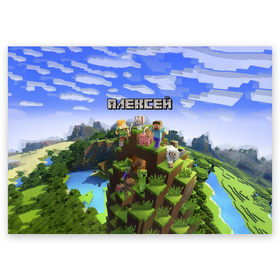 Поздравительная открытка с принтом Алексей - Minecraft в Белгороде, 100% бумага | плотность бумаги 280 г/м2, матовая, на обратной стороне линовка и место для марки
 | Тематика изображения на принте: minecraft | алексей | алеша | алешка | добывать | игра | игрушка | имя | компьютерная | кубики | леха | леша | майкрафт | майн крафт | майнкрафт | пиксели | пиксель | ремесло | с именем | шахта