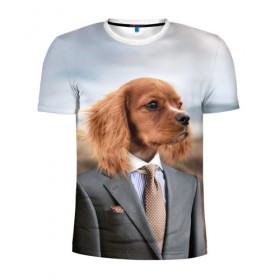 Мужская футболка 3D спортивная с принтом Собака в костюме в Белгороде, 100% полиэстер с улучшенными характеристиками | приталенный силуэт, круглая горловина, широкие плечи, сужается к линии бедра | dog | животные | пёс | собака