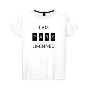 Женская футболка хлопок с принтом BTS I am Park Jiminned в Белгороде, 100% хлопок | прямой крой, круглый вырез горловины, длина до линии бедер, слегка спущенное плечо | Тематика изображения на принте: bangtan | bangtan boys | bangtan sonyeondan | bts | bts jimin | jimin | k pop | park jimin | арми | бантан | бтс | бтс арми | бтс чимин | к поп | кей поп | пак чимин | чимин