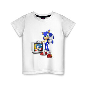 Детская футболка хлопок с принтом Sonic в Белгороде, 100% хлопок | круглый вырез горловины, полуприлегающий силуэт, длина до линии бедер | Тематика изображения на принте: sega | сега | соник