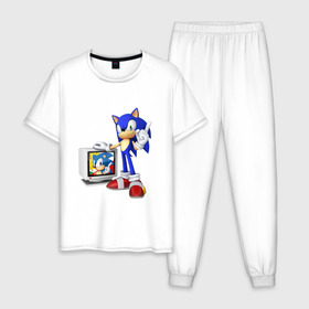 Мужская пижама хлопок с принтом Sonic в Белгороде, 100% хлопок | брюки и футболка прямого кроя, без карманов, на брюках мягкая резинка на поясе и по низу штанин
 | Тематика изображения на принте: sega | сега | соник