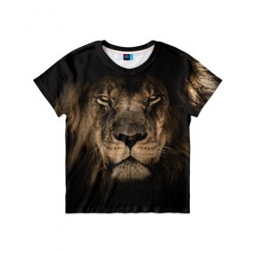 Детская футболка 3D с принтом Лев в Белгороде, 100% гипоаллергенный полиэфир | прямой крой, круглый вырез горловины, длина до линии бедер, чуть спущенное плечо, ткань немного тянется | животные | кошка | лев | мордочка | природа | тигр | хищник