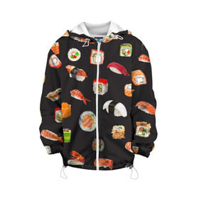 Детская куртка 3D с принтом Суши в Белгороде, 100% полиэстер | застежка — молния, подол и капюшон оформлены резинкой с фиксаторами, по бокам — два кармана без застежек, один потайной карман на груди, плотность верхнего слоя — 90 г/м2; плотность флисового подклада — 260 г/м2 | Тематика изображения на принте: food | rolls | sushi | tokyo | еда | роллы | суши | токио