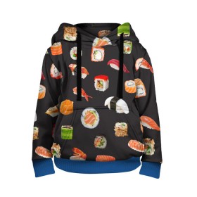 Детская толстовка 3D с принтом Суши в Белгороде, 100% полиэстер | двухслойный капюшон со шнурком для регулировки, мягкие манжеты на рукавах и по низу толстовки, спереди карман-кенгуру с мягким внутренним слоем | Тематика изображения на принте: food | rolls | sushi | tokyo | еда | роллы | суши | токио