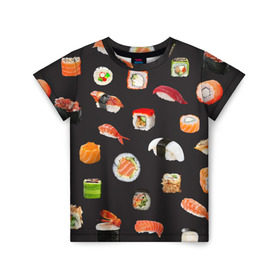 Детская футболка 3D с принтом Суши в Белгороде, 100% гипоаллергенный полиэфир | прямой крой, круглый вырез горловины, длина до линии бедер, чуть спущенное плечо, ткань немного тянется | food | rolls | sushi | tokyo | еда | роллы | суши | токио