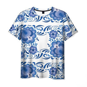 Мужская футболка 3D с принтом Гжель в Белгороде, 100% полиэфир | прямой крой, круглый вырез горловины, длина до линии бедер | гжель | текстура | узор | цветы