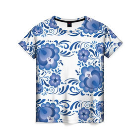 Женская футболка 3D с принтом Гжель в Белгороде, 100% полиэфир ( синтетическое хлопкоподобное полотно) | прямой крой, круглый вырез горловины, длина до линии бедер | гжель | текстура | узор | цветы