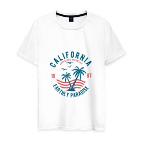 Мужская футболка хлопок с принтом Калифорния в Белгороде, 100% хлопок | прямой крой, круглый вырез горловины, длина до линии бедер, слегка спущенное плечо. | для отпуска | калифорния | клуб | лето | отпуск | парадайз | приключение | путешествие | серф | серфинг | сша | туризм