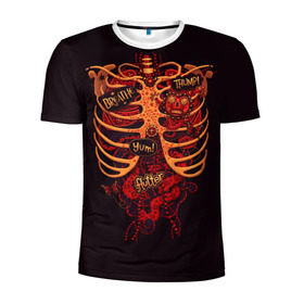 Мужская футболка 3D спортивная с принтом Человеческий скелет в Белгороде, 100% полиэстер с улучшенными характеристиками | приталенный силуэт, круглая горловина, широкие плечи, сужается к линии бедра | Тематика изображения на принте: 3d скелет | кости | легкие | органы | ребра | сердце | скелет | человек