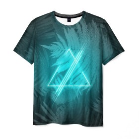Мужская футболка 3D с принтом Neon light blue в Белгороде, 100% полиэфир | прямой крой, круглый вырез горловины, длина до линии бедер | неон | папоротник | треугольник