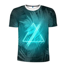 Мужская футболка 3D спортивная с принтом Neon light blue в Белгороде, 100% полиэстер с улучшенными характеристиками | приталенный силуэт, круглая горловина, широкие плечи, сужается к линии бедра | Тематика изображения на принте: неон | папоротник | треугольник