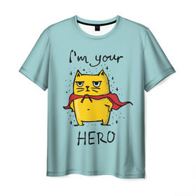 Мужская футболка 3D с принтом Я твой герой в Белгороде, 100% полиэфир | прямой крой, круглый вырез горловины, длина до линии бедер | cat | герой | домашние любимцы | животные | котики | котэ | котята | любовь | милые