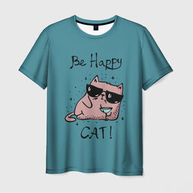 Мужская футболка 3D с принтом Быть счастливым котом! в Белгороде, 100% полиэфир | прямой крой, круглый вырез горловины, длина до линии бедер | Тематика изображения на принте: cat | happy | домашние любимцы | животные | котики | котэ | котята | любов | милые | счастье