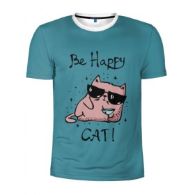 Мужская футболка 3D спортивная с принтом Быть счастливым котом! в Белгороде, 100% полиэстер с улучшенными характеристиками | приталенный силуэт, круглая горловина, широкие плечи, сужается к линии бедра | cat | happy | домашние любимцы | животные | котики | котэ | котята | любов | милые | счастье