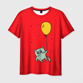 Мужская футболка 3D с принтом Котик на шарике в Белгороде, 100% полиэфир | прямой крой, круглый вырез горловины, длина до линии бедер | cat | домашние любимцы | животные | котики | котэ | котята | любовь | милые | шарик