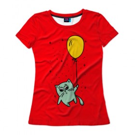 Женская футболка 3D с принтом Котик на шарике в Белгороде, 100% полиэфир ( синтетическое хлопкоподобное полотно) | прямой крой, круглый вырез горловины, длина до линии бедер | cat | домашние любимцы | животные | котики | котэ | котята | любовь | милые | шарик