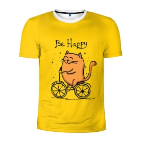 Мужская футболка 3D спортивная с принтом Be Happy,cat в Белгороде, 100% полиэстер с улучшенными характеристиками | приталенный силуэт, круглая горловина, широкие плечи, сужается к линии бедра | Тематика изображения на принте: cat | домашние любимцы | животные | котики | котэ | котята | любовь | милые