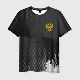 Мужская футболка 3D с принтом RUSSIA SPORT в Белгороде, 100% полиэфир | прямой крой, круглый вырез горловины, длина до линии бедер | abstraction | grunge | russia | sport | абстракция | герб | краска | русский | символика рф | спорт | спортивный | триколор | униформа | форма | я русский
