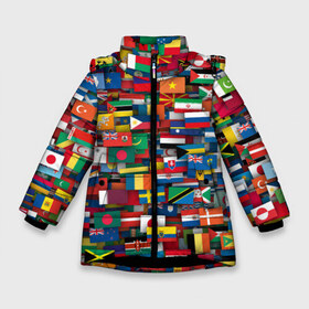 Зимняя куртка для девочек 3D с принтом Флаги всех стран в Белгороде, ткань верха — 100% полиэстер; подклад — 100% полиэстер, утеплитель — 100% полиэстер. | длина ниже бедра, удлиненная спинка, воротник стойка и отстегивающийся капюшон. Есть боковые карманы с листочкой на кнопках, утяжки по низу изделия и внутренний карман на молнии. 

Предусмотрены светоотражающий принт на спинке, радужный светоотражающий элемент на пуллере молнии и на резинке для утяжки. | Тематика изображения на принте: интернационал | мир | паттерн | флаг