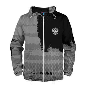 Мужская ветровка 3D с принтом Russia Sport collection Gray в Белгороде, 100% полиэстер | подол и капюшон оформлены резинкой с фиксаторами, два кармана без застежек по бокам, один потайной карман на груди | Тематика изображения на принте: abstraction | grunge | russia | sport | абстракция | герб | краска | русский | символика рф | спорт | спортивный | триколор | униформа | форма | я русский