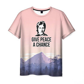 Мужская футболка 3D с принтом Give Peace a Chance в Белгороде, 100% полиэфир | прямой крой, круглый вырез горловины, длина до линии бедер | Тематика изображения на принте: битлз | горы | джон леннон | ленон | мир | песня | цитаты | шанс