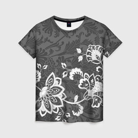 Женская футболка 3D с принтом Кружевной узор в Белгороде, 100% полиэфир ( синтетическое хлопкоподобное полотно) | прямой крой, круглый вырез горловины, длина до линии бедер | flowers | pattern | арт | винтаж | кружева | орнамент | текстура | узор | цветы | черно белый