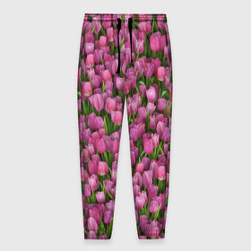 Мужские брюки 3D с принтом Розовые тюльпаны в Белгороде, 100% полиэстер | манжеты по низу, эластичный пояс регулируется шнурком, по бокам два кармана без застежек, внутренняя часть кармана из мелкой сетки | Тематика изображения на принте: 