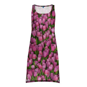 Платье-майка 3D с принтом Розовые тюльпаны в Белгороде, 100% полиэстер | полуприлегающий силуэт, широкие бретели, круглый вырез горловины, удлиненный подол сзади. | 