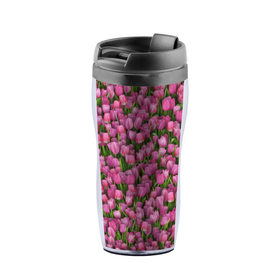 Термокружка-непроливайка с принтом Розовые тюльпаны в Белгороде, внутренняя часть — пищевой пластик, наружная часть — прозрачный пластик, между ними — полиграфическая вставка с рисунком | объем — 350 мл, герметичная крышка | 