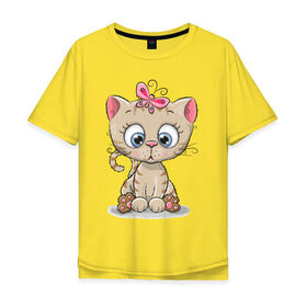 Мужская футболка хлопок Oversize с принтом Кот и бабочка в Белгороде, 100% хлопок | свободный крой, круглый ворот, “спинка” длиннее передней части | бабочка | девочкам | девушкам | детям | кавайный | кот | котёнок | кошечка | милый | симпатичный