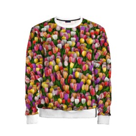 Детский свитшот 3D с принтом Разноцветные тюльпаны в Белгороде, 100% полиэстер | свободная посадка, прямой крой, мягкая тканевая резинка на рукавах и понизу свитшота | 8 марта | tulip | белый | букет | желтый | зеленый | красный | паттерн | розовый | тюльпан | тюльпанчики | цветок | цветочки | цветы