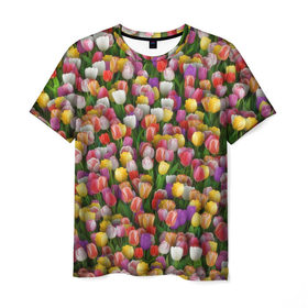 Мужская футболка 3D с принтом Разноцветные тюльпаны в Белгороде, 100% полиэфир | прямой крой, круглый вырез горловины, длина до линии бедер | 8 марта | tulip | белый | букет | желтый | зеленый | красный | паттерн | розовый | тюльпан | тюльпанчики | цветок | цветочки | цветы