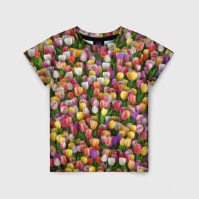 Детская футболка 3D с принтом Разноцветные тюльпаны в Белгороде, 100% гипоаллергенный полиэфир | прямой крой, круглый вырез горловины, длина до линии бедер, чуть спущенное плечо, ткань немного тянется | 8 марта | tulip | белый | букет | желтый | зеленый | красный | паттерн | розовый | тюльпан | тюльпанчики | цветок | цветочки | цветы