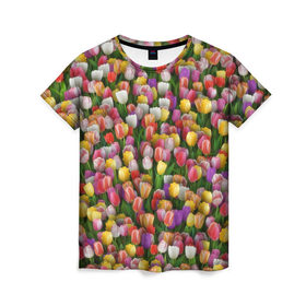 Женская футболка 3D с принтом Разноцветные тюльпаны в Белгороде, 100% полиэфир ( синтетическое хлопкоподобное полотно) | прямой крой, круглый вырез горловины, длина до линии бедер | Тематика изображения на принте: 8 марта | tulip | белый | букет | желтый | зеленый | красный | паттерн | розовый | тюльпан | тюльпанчики | цветок | цветочки | цветы