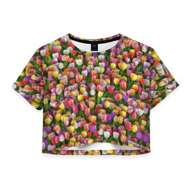 Женская футболка 3D укороченная с принтом Разноцветные тюльпаны в Белгороде, 100% полиэстер | круглая горловина, длина футболки до линии талии, рукава с отворотами | 8 марта | tulip | белый | букет | желтый | зеленый | красный | паттерн | розовый | тюльпан | тюльпанчики | цветок | цветочки | цветы