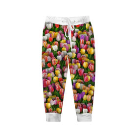 Детские брюки 3D с принтом Разноцветные тюльпаны в Белгороде, 100% полиэстер | манжеты по низу, эластичный пояс регулируется шнурком, по бокам два кармана без застежек, внутренняя часть кармана из мелкой сетки | 8 марта | tulip | белый | букет | желтый | зеленый | красный | паттерн | розовый | тюльпан | тюльпанчики | цветок | цветочки | цветы