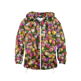 Детская ветровка 3D с принтом Разноцветные тюльпаны в Белгороде, 100% полиэстер | подол и капюшон оформлены резинкой с фиксаторами, по бокам два кармана без застежек, один потайной карман на груди | 8 марта | tulip | белый | букет | желтый | зеленый | красный | паттерн | розовый | тюльпан | тюльпанчики | цветок | цветочки | цветы