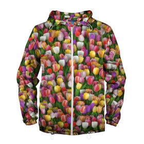 Мужская ветровка 3D с принтом Разноцветные тюльпаны в Белгороде, 100% полиэстер | подол и капюшон оформлены резинкой с фиксаторами, два кармана без застежек по бокам, один потайной карман на груди | 8 марта | tulip | белый | букет | желтый | зеленый | красный | паттерн | розовый | тюльпан | тюльпанчики | цветок | цветочки | цветы
